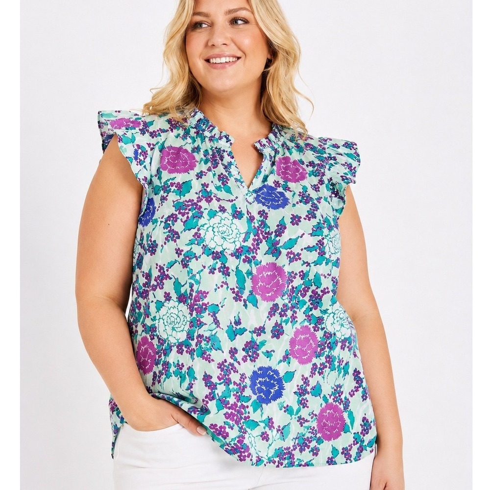 Talbots Plus 2X Floral Cotton Ruffle Flutter Sleeve Split Neck Blouse Mint